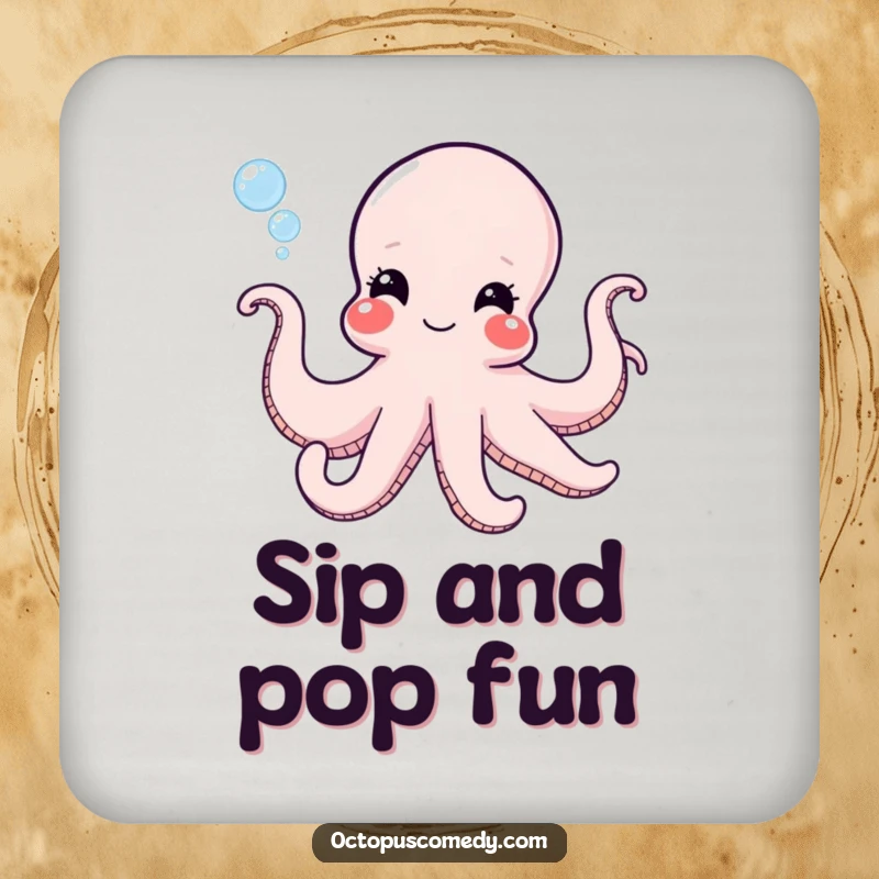 Funny octopus with a mischievous grin blowing bubbles, a humorous drink coaster for protecting surfaces at parties.