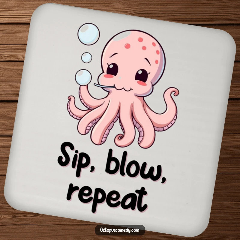 Funny drink coaster featuring a comical octopus playfully blowing bubbles, protecting surfaces with humor.