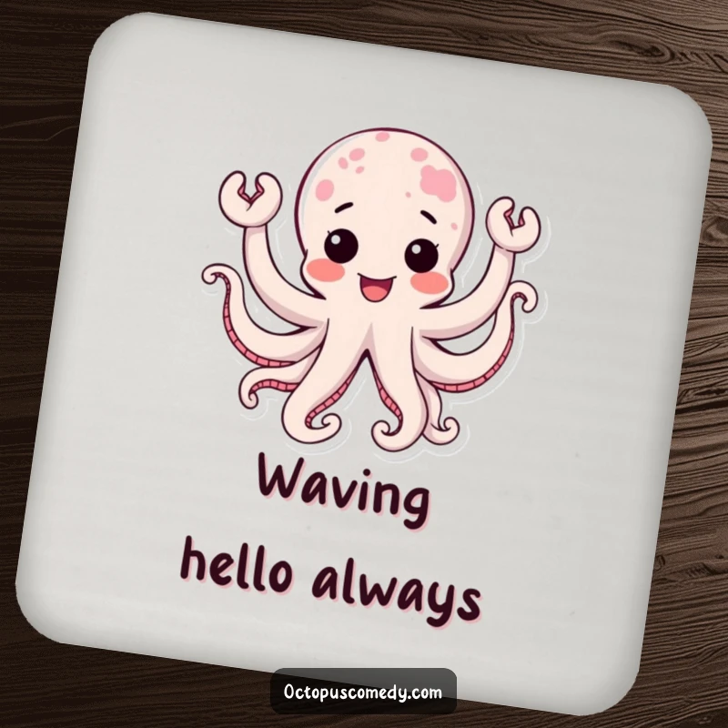Funny kawaii octopus with joyful, waving tentacles, a charming and humorous drink coaster.