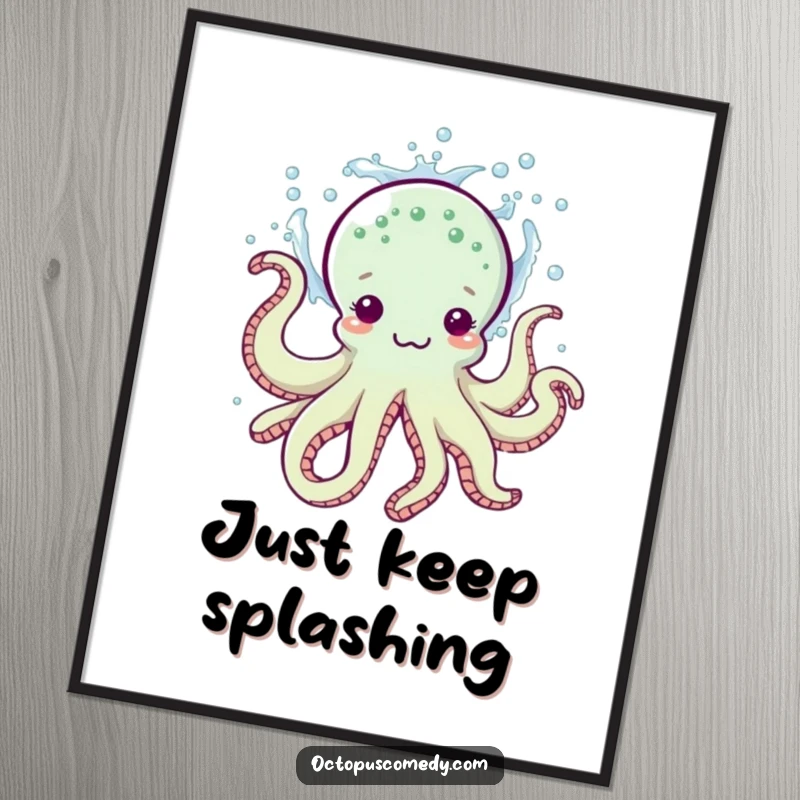 Funny poster art of an energetic octopus playfully splashing water, adding a humorous and vibrant touch to any wall.