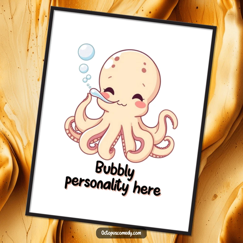Funny poster print of a playful octopus blowing bubbles, perfect for adding underwater charm and a touch of humor as a funny gift.