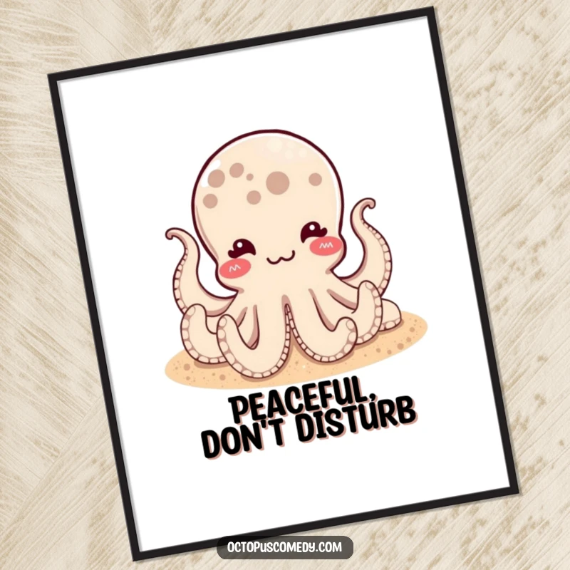 Funny poster art of a satisfied octopus resting peacefully on a sandy ocean floor, conveying calm and humorous vibes.