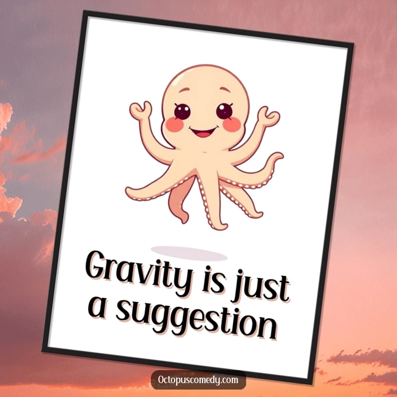 Funny happy jumping kawaii octopus with a silly grin, energetic wall art poster, fun gift.