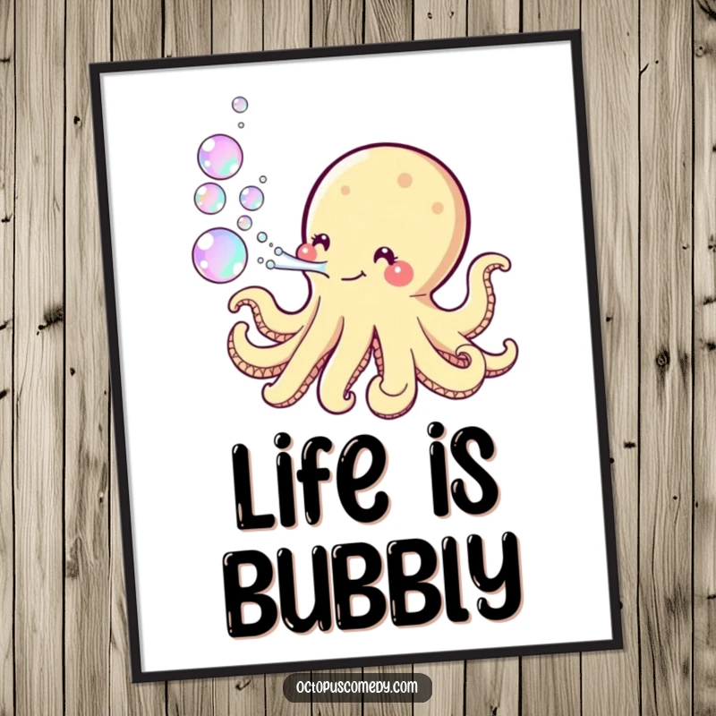 Funny Kawaii Octopus Poster illustrating a cute octopus artfully blowing a stream of iridescent bubbles, creating a dreamy and playful atmosphere.