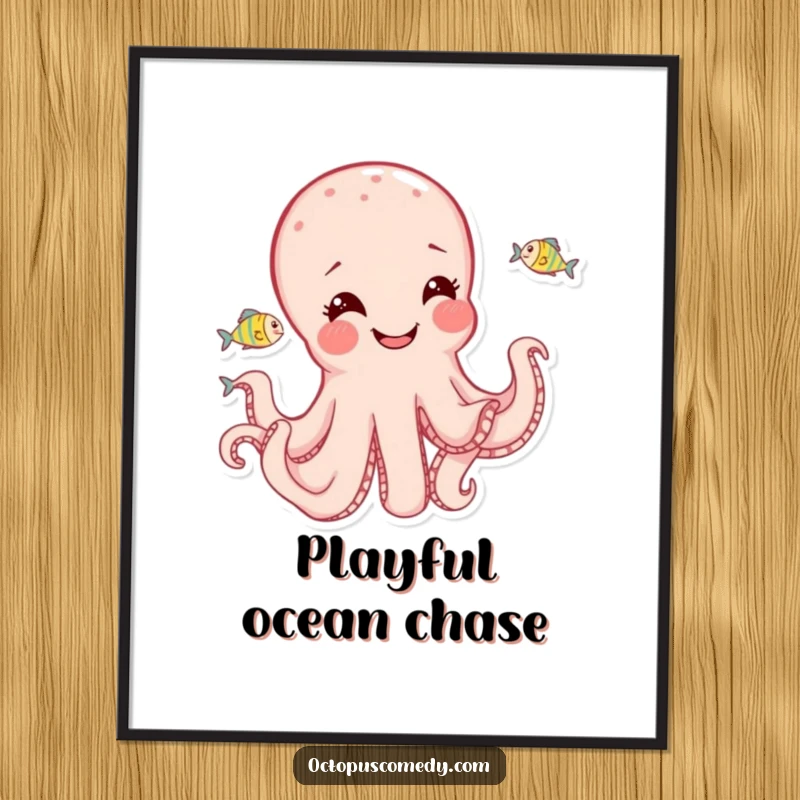 Funny and joyful octopus actively chasing small fish across a vibrant, playful poster design.