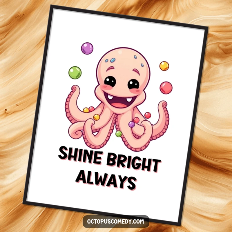 Funny poster art of an octopus with a huge, happy grin, expertly juggling a cascade of colorful pearls.