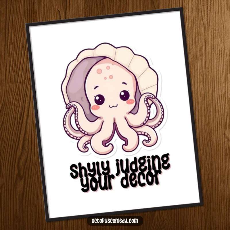 Funny kawaii octopus peeking from a seashell, whimsical ocean poster, cute wall art gift idea.