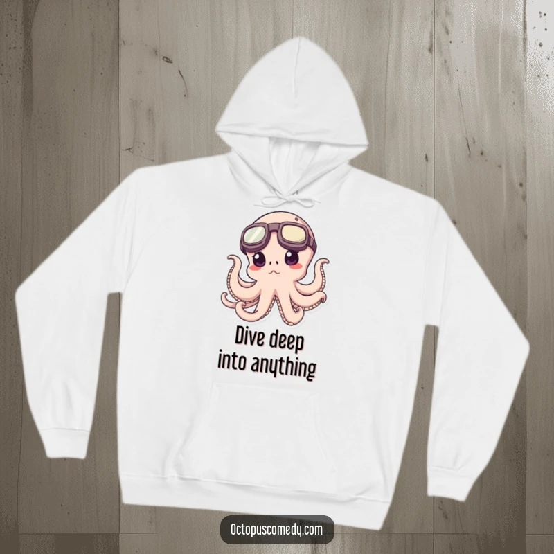 Funny Octopus Explorer Hoodie: A warm hoodie depicting a funny octopus wearing oversized goggles, set for an exciting exploration.