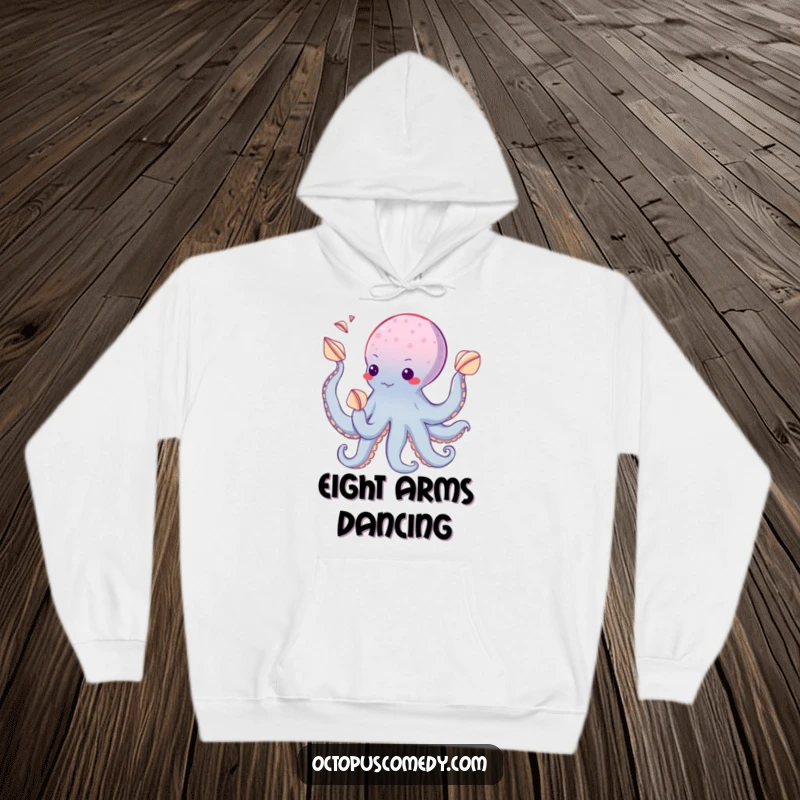 Funny hoodie featuring an octopus skillfully juggling seashells with its suckers, offering a warm and humorous design.