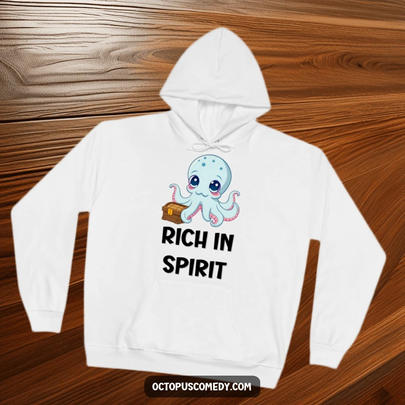 Funny hoodie depicting a curious octopus with big eyes examining a treasure chest, designed for comfort and humorous appeal.