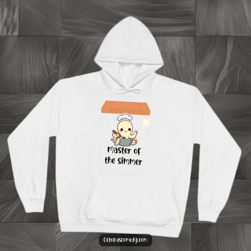 Funny Octopus Chef Hoodie, a charming octopus in a chef hat joyfully stirring a pot, ideal cozy wear for food lovers.