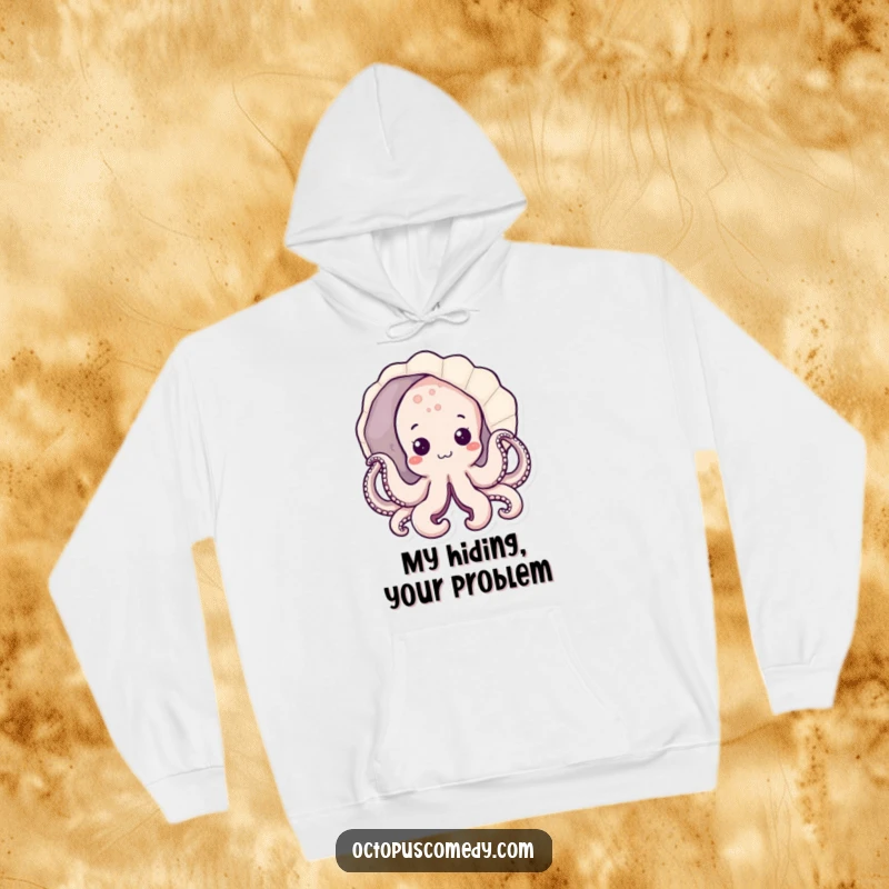 Funny kawaii octopus peeking from a seashell, soft and warm hoodie, perfect ocean lover gift.