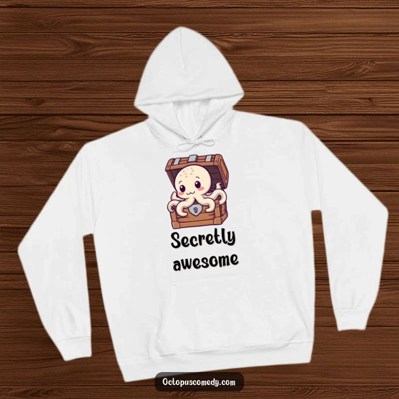 Funny Mystery Octopus Hoodie, showing a curious octopus peeking from behind a treasure chest, cozy and full of intrigue.