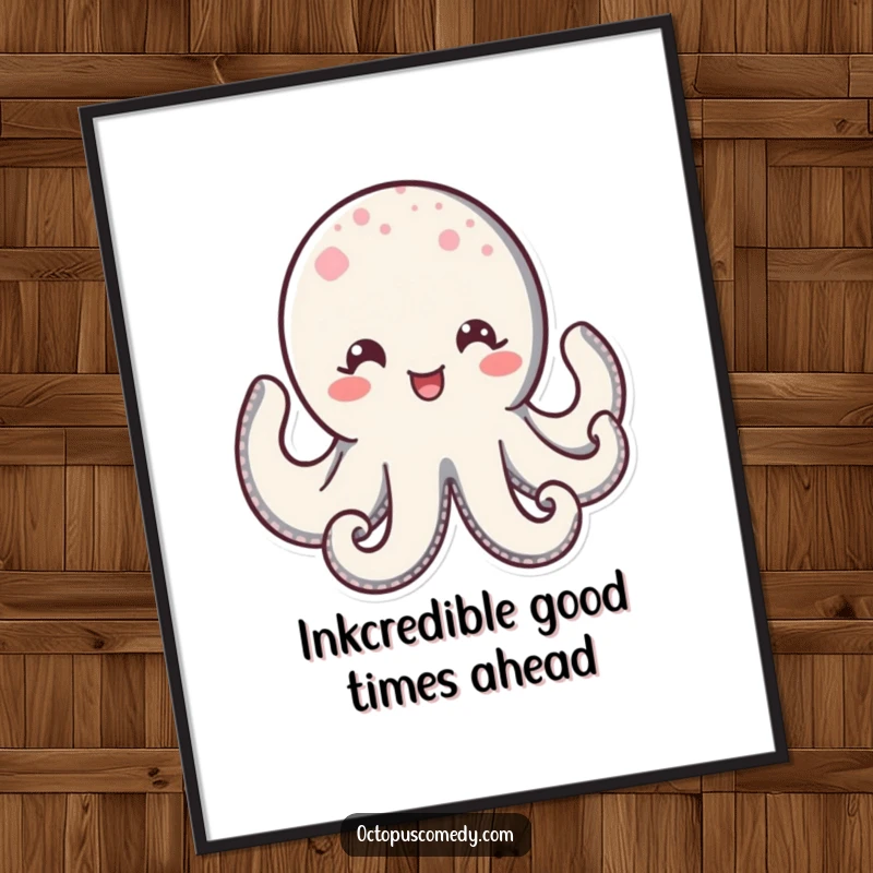 Funny Free Printable Wall Art: Kawaii octopus with a wide, delighted smile and sparkling eyes, adding cheerful decor.