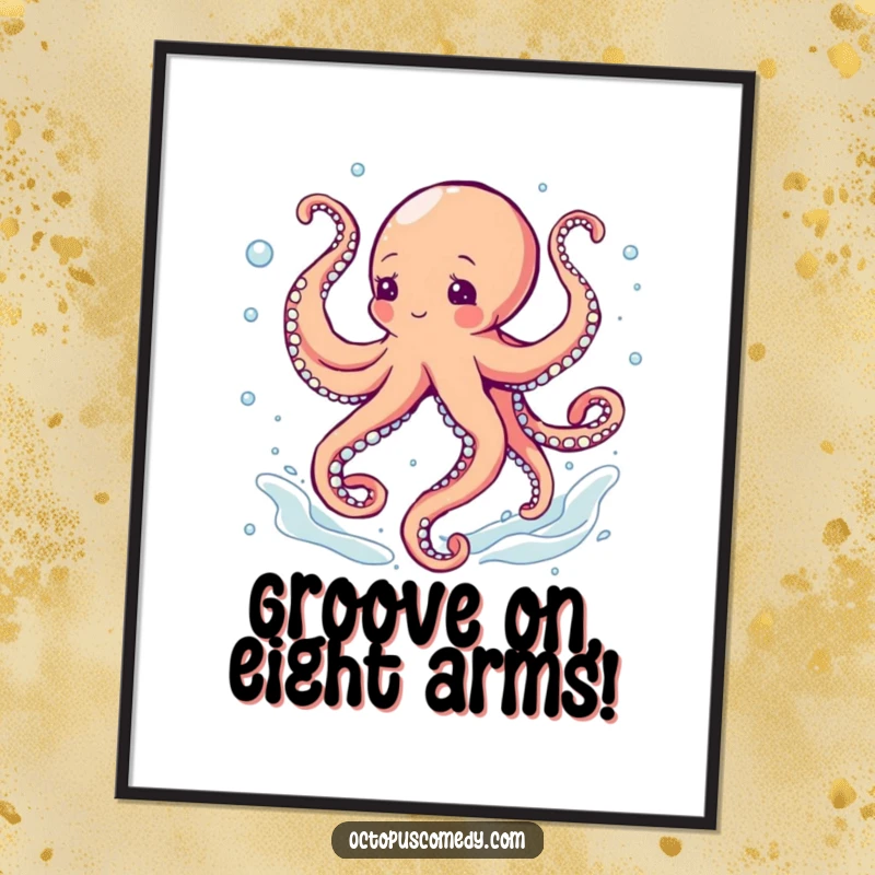 Funny Free Printable Wall Art: A gleeful octopus dances with abandon, its tentacles a whirlwind in a bubbly, flowing current.