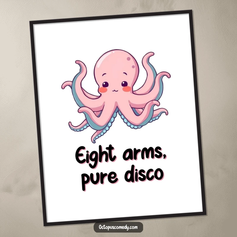 Funny free printable wall art, an octopus captured mid-silly dance, its eight arms creating a dynamic and humorous spectacle.