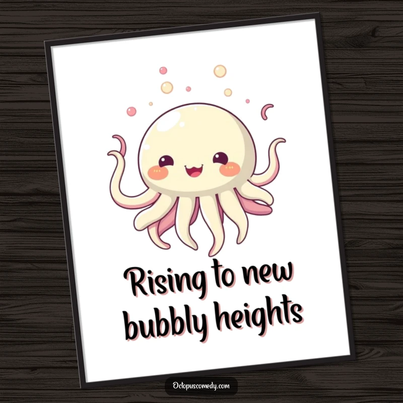 Funny Free Printable Wall Art: a round, bubbly creature with flowing tentacles happily drifts upwards, bringing joy.