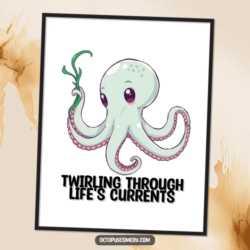 Funny Free Printable Wall Art: An octopus fluidly twirling a strand of seaweed like a delicate ribbon. Underwater grace and beauty.