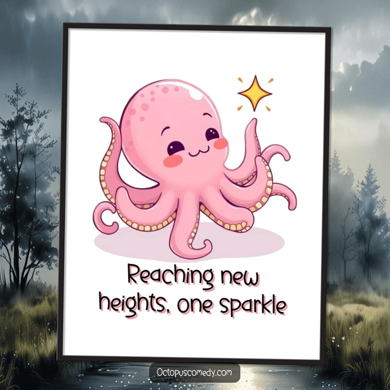 Funny Free Printable Wall Art: An octopus using all its tentacles to hilariously chase a tiny, glittering animated sparkle. Whimsical art.