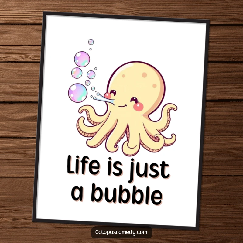 Funny Free Printable Wall Art: Kawaii octopus playfully blowing a stream of iridescent bubbles, adding whimsical decor.