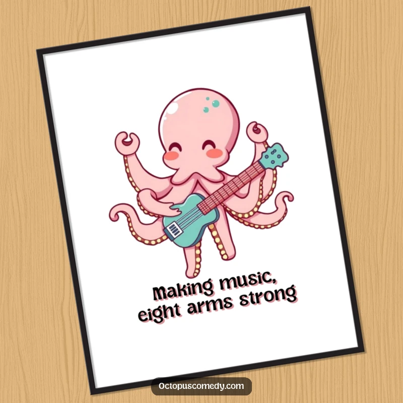 Funny Free Printable Wall Art: A Cheerful Octopus with Eight Arms enthusiastically playing a vibrant musical instrument.