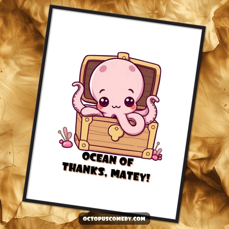 Funny Free Printable Octopus Treasure Wall Art: Curious octopus with wide eyes peeking from an overflowing treasure chest.