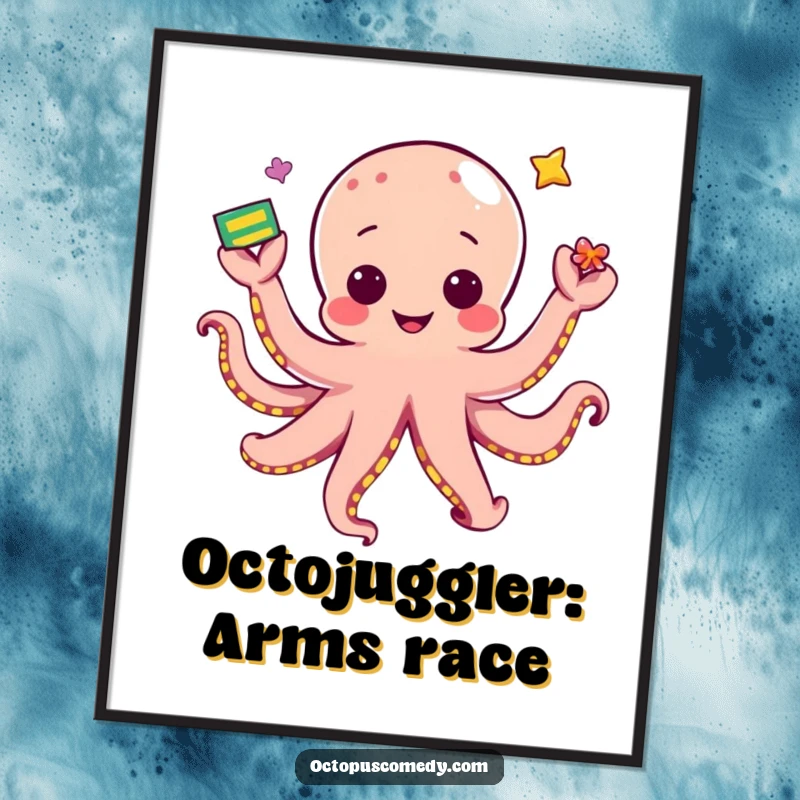 Funny free printable wall art: An adorable kawaii octopus with multiple arms expertly juggles colorful balls, looking focused and happy.