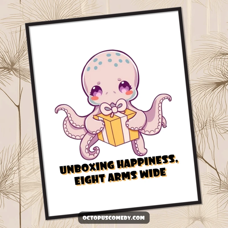 Funny Free Printable Wall Art: An octopus joyfully unwrapping a bright, colorful gift box with its many arms. Whimsical wall decor.