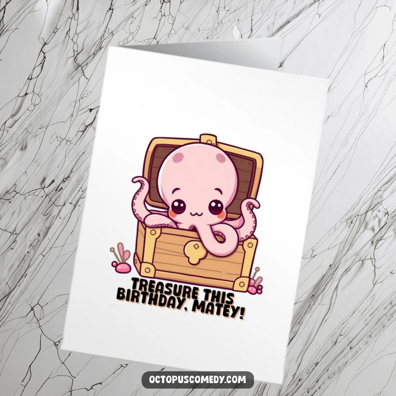 Funny Free Printable Octopus Birthday Card: Curious octopus with wide eyes peeking from a treasure chest full of gold.