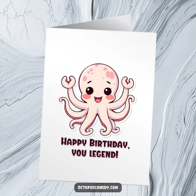 Funny free printable birthday card: A kawaii octopus with many waving tentacles beams with pure joy, celebrating a birthday.