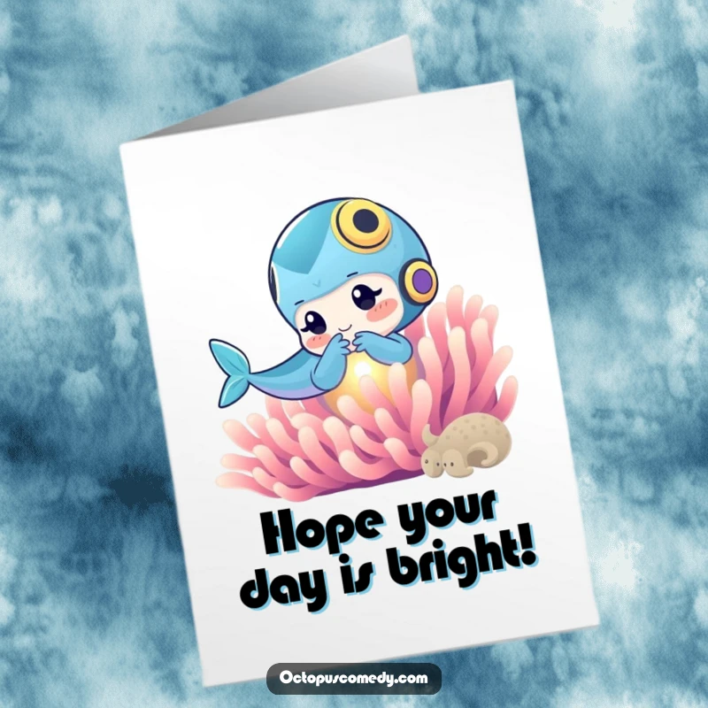 Funny Free Printable Birthday Card: playfull ocean dweller nudging a bright, glowing anemone, a delightful and humorous greeting.