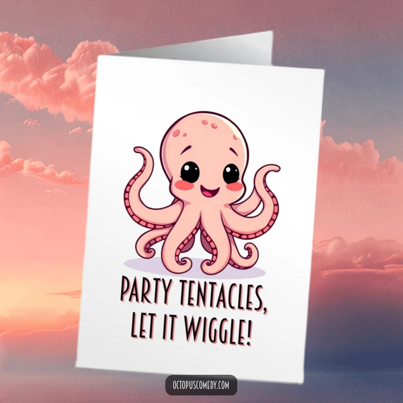 Funny Free Printable Birthday Card: A happy cartoon octopus is doing a joyful jig, its multiple tentacles wiggling with birthday cheer.