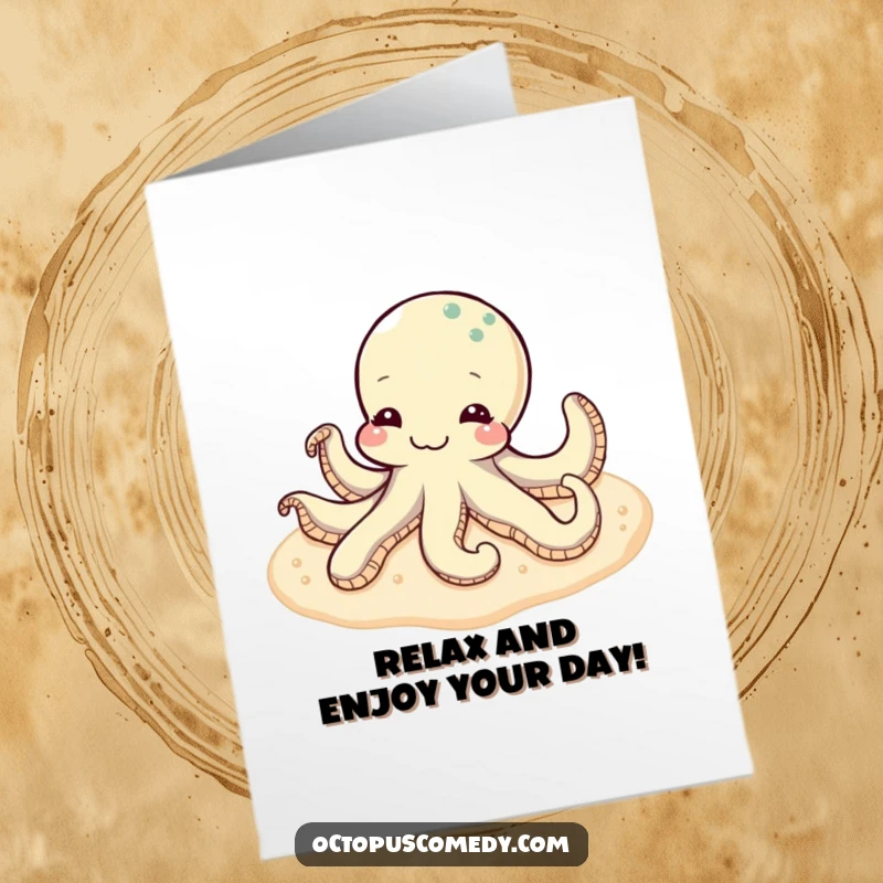 Funny Free Printable Birthday Card: A content octopus lounges peacefully on a soft, sandy seabed, exuding pure relaxation.