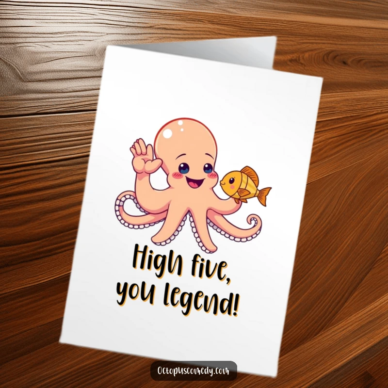 Funny Free Printable Congratulations Card: A beaming octopus with multiple arms reaches out for a friendly high-five with a passing fish.