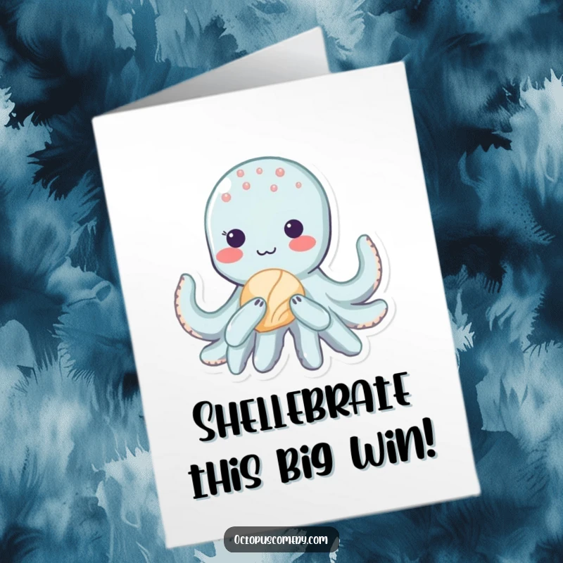 Funny Free Printable Congratulations Card: Shy kawaii octopus blushing and holding a seashell, offering a unique congrats.