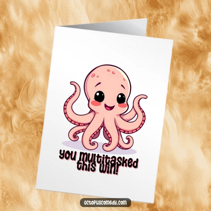 Free Printable Congratulations Card: A cheerful octopus happily jigs, its tentacles a blur of celebratory movement, perfect for congratulating someone.
