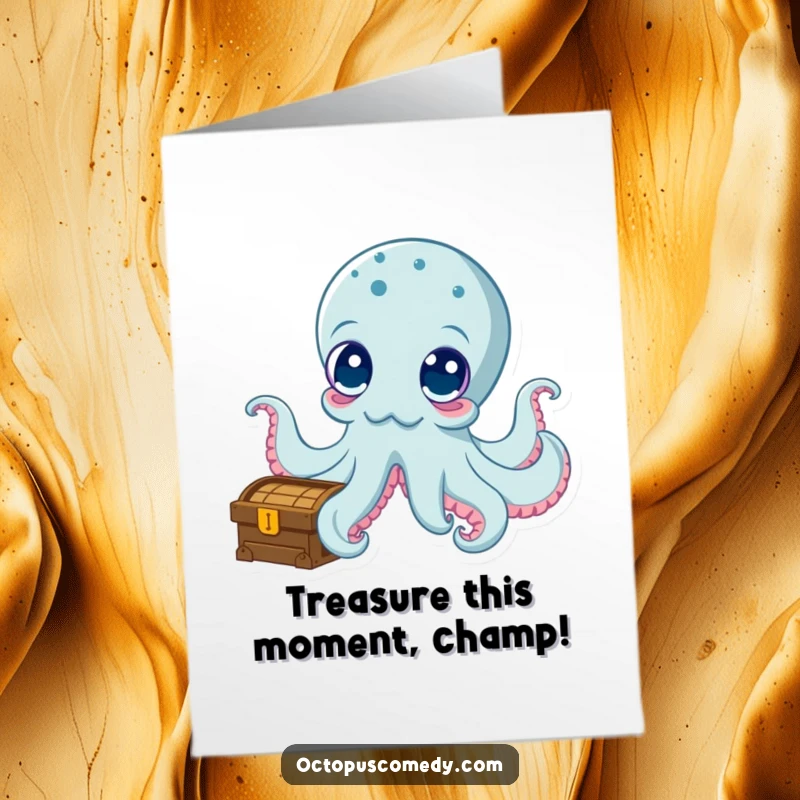 Funny free printable congratulations card with a curious octopus exploring a treasure chest, celebrating a wonderful achievement.
