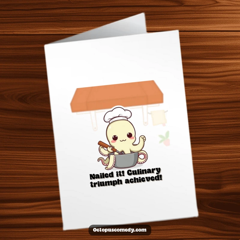 Funny Free Printable Congratulations Card: An octopus chef wearing a hat, stirring a pot, symbolizing a successful endeavor. A great downloadable.