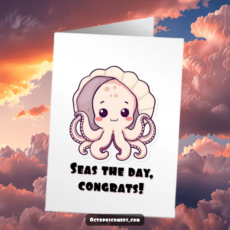 Free Printable Congratulations Card with a shy kawaii octopus emerging from behind a beautiful seashell, ready to celebrate.