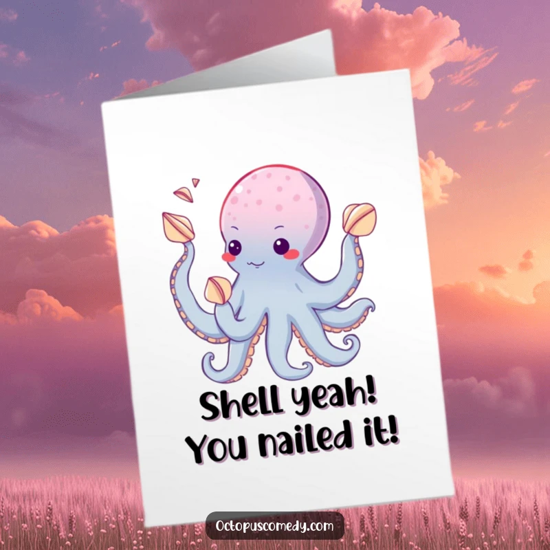 Funny free printable congratulations card featuring an octopus skillfully juggling seashells with its suckers, marking a big win.