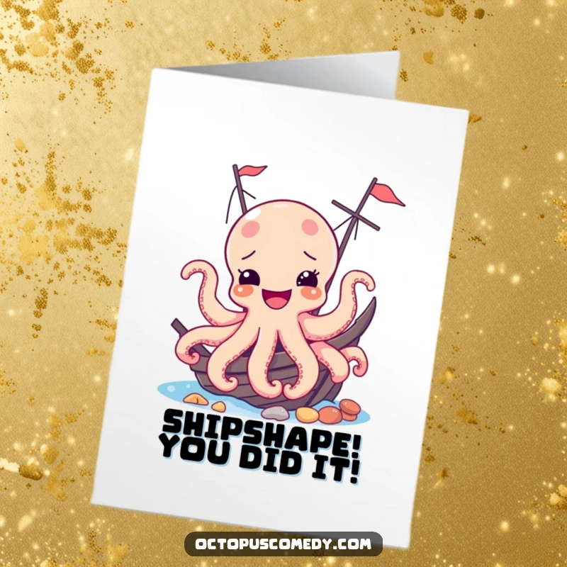 Funny free printable congratulations card with a gleeful octopus popping out from a shipwreck, signaling exciting news.