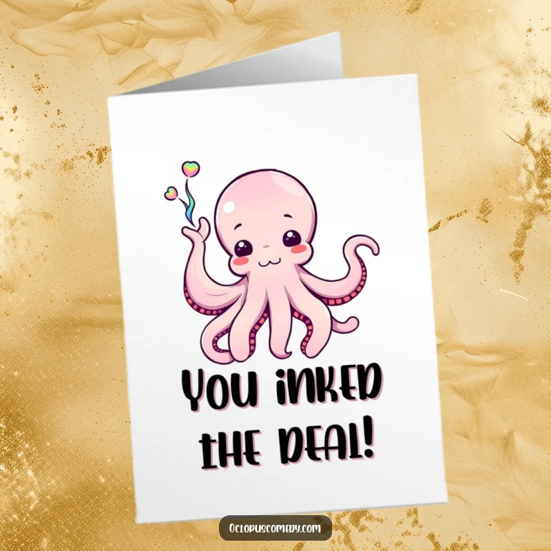Free Printable Congratulations Card: An octopus joyfully waving a stream of iridescent ink to celebrate success.