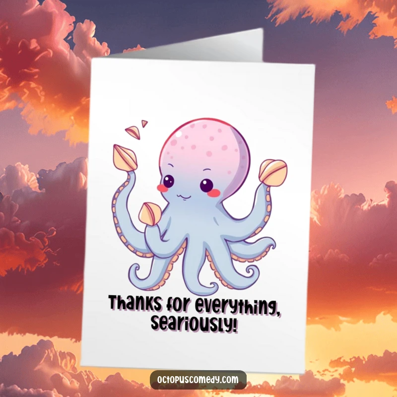 Funny free printable thank you card with an octopus playfully juggling seashells, expressing sincere and cheerful gratitude.