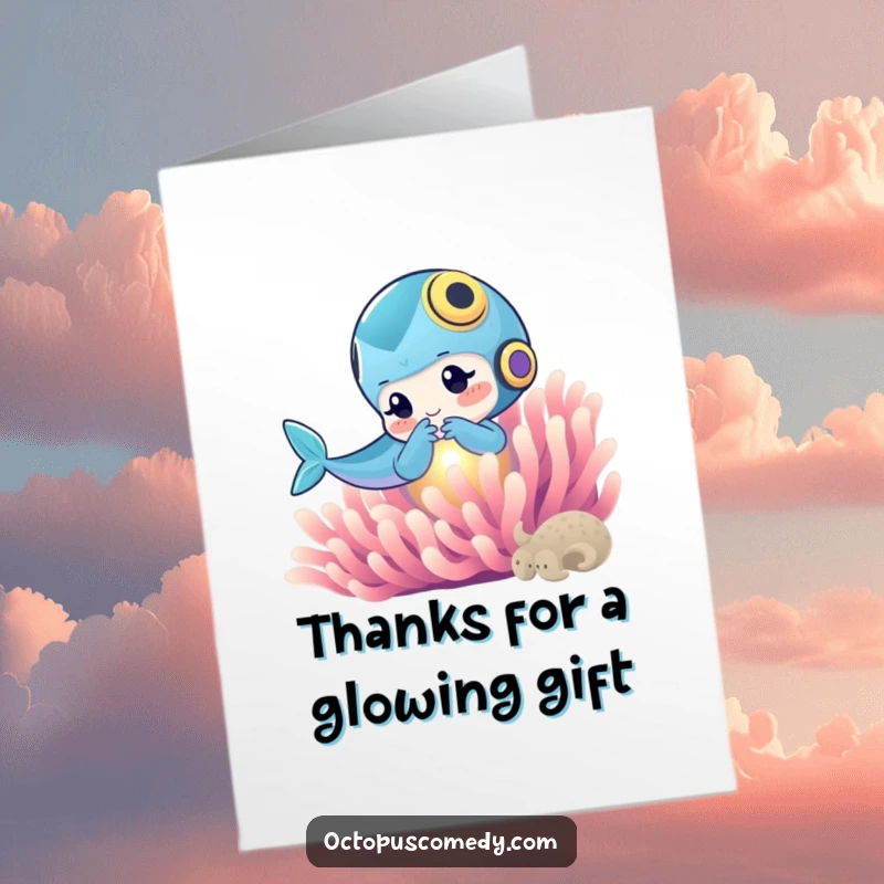 Funny Free Printable Thank You Card: ocean dweller playfully nudging a glowing anemone, a humorous way to say thanks.