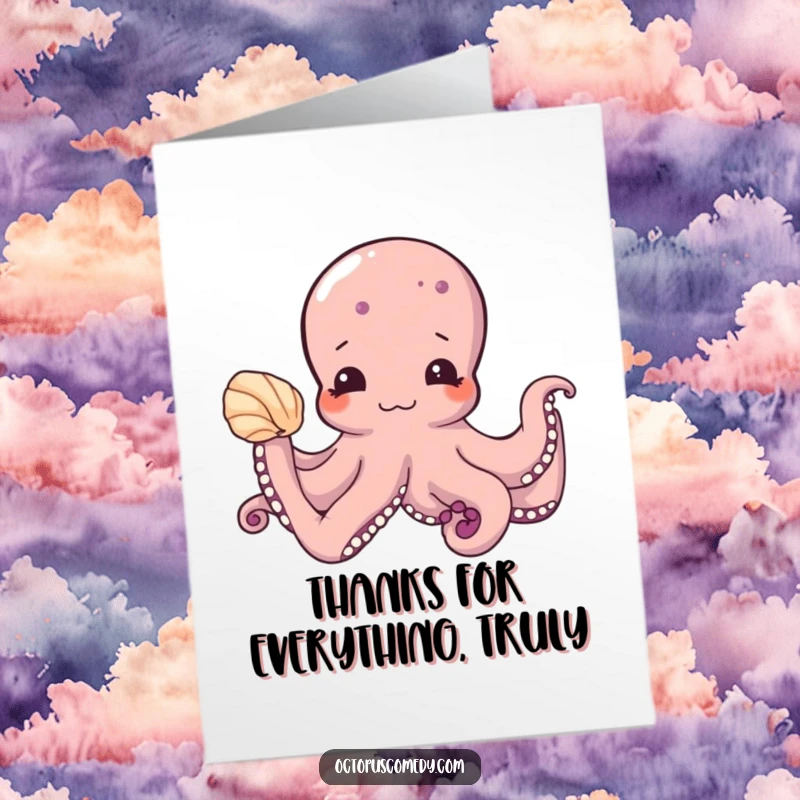 Funny Free Printable Thank You Card: Shy octopus offers a seashell, a cute and downloadable gesture of gratitude.