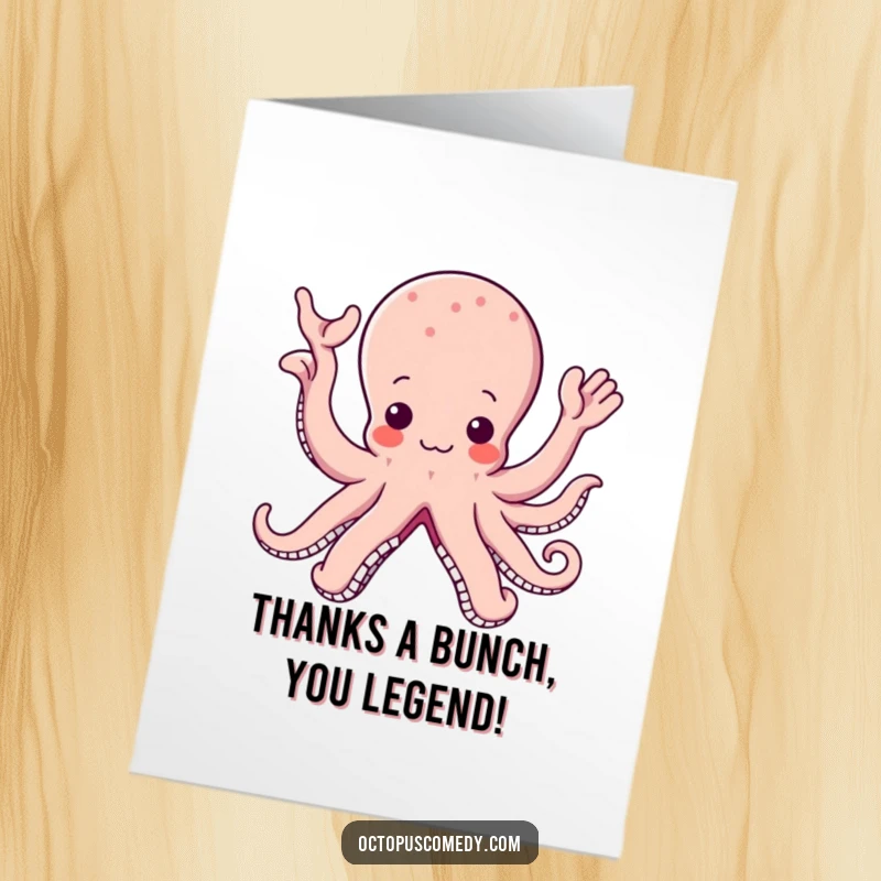 Funny Free Printable Thank You Card: Cute Kawaii Octopus with Numerous Arms Happily Waving a Thank You Gesture.