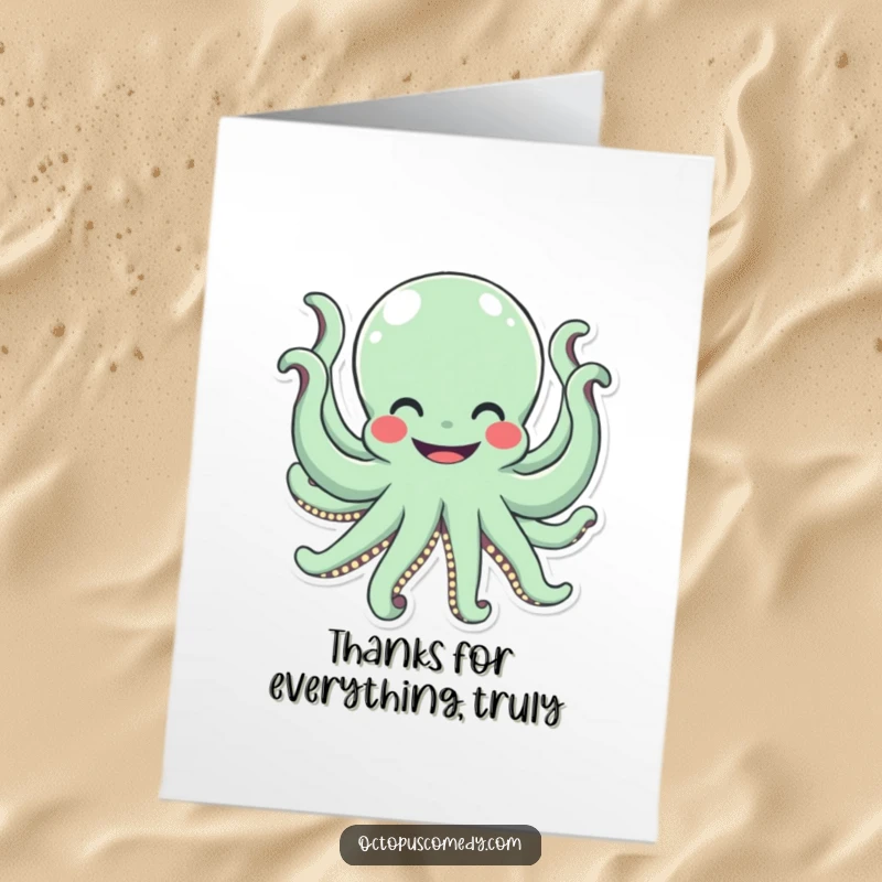 Funny Free Printable Thank You Card: A smiling octopus happily waves all eight arms, a friendly and humorous downloadable greeting.