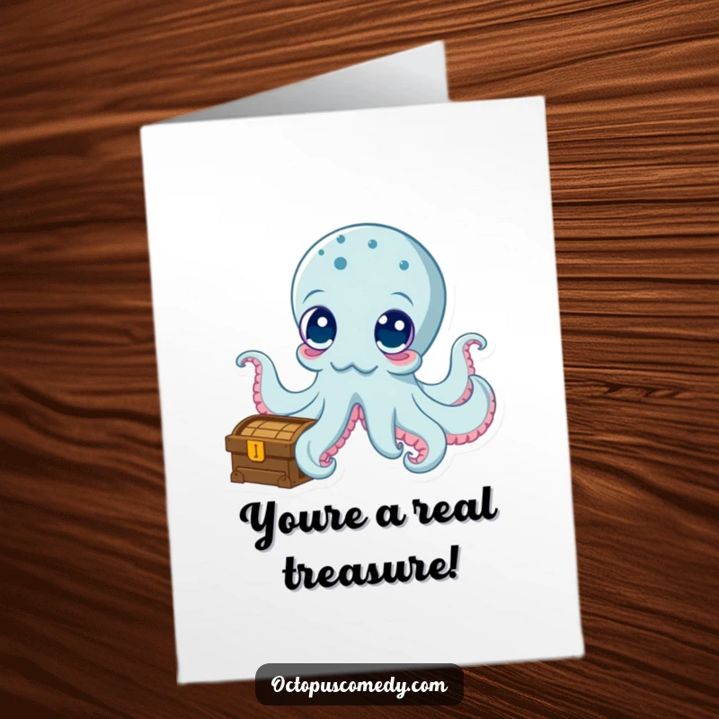 Funny free printable thank you card with a curious octopus examining a treasure chest, conveying sincere appreciation.