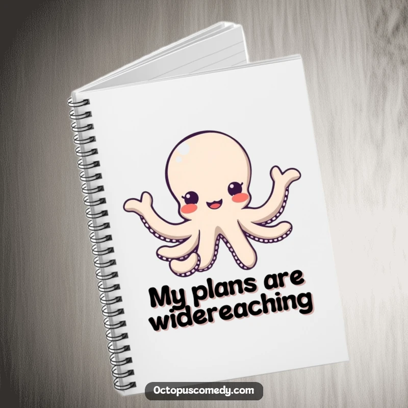 Funny kawaii octopus with arms reaching out in a friendly gesture on a notebook cover, great for journaling gift.