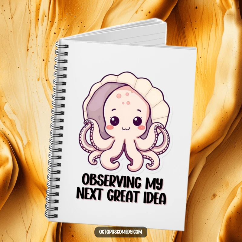 Funny kawaii octopus peeking from a seashell on a notebook cover, great for journaling gift.